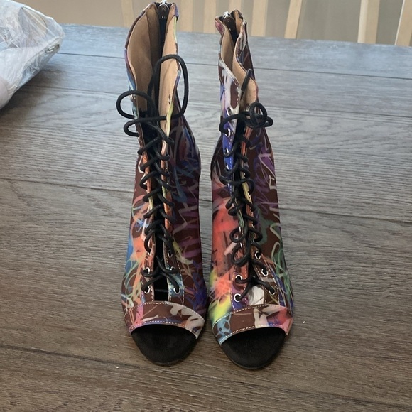 NWT BURJU Sofiya graphic multi color Open Toe Lace Up Ankle Boots | 6 1/2 - Picture 4 of 12